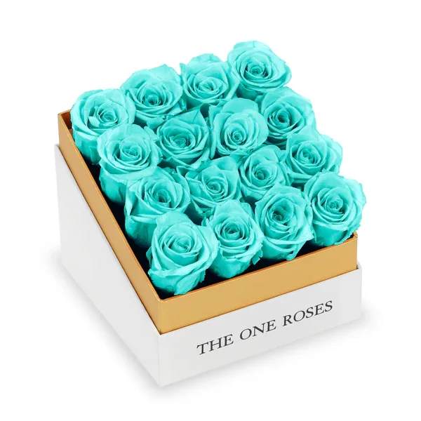 Box of turquoise roses in a white and gold gift box