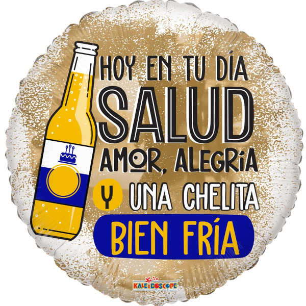 Round foil balloon with a beer bottle graphic and Spanish text