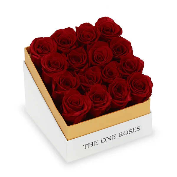 Box of red roses in a white and gold gift box