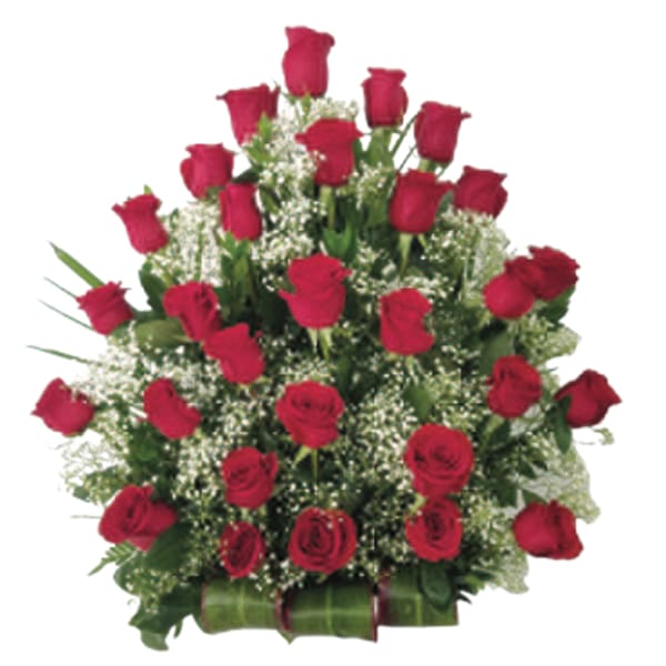 Red roses arranged in a tiered bouquet with baby's breath