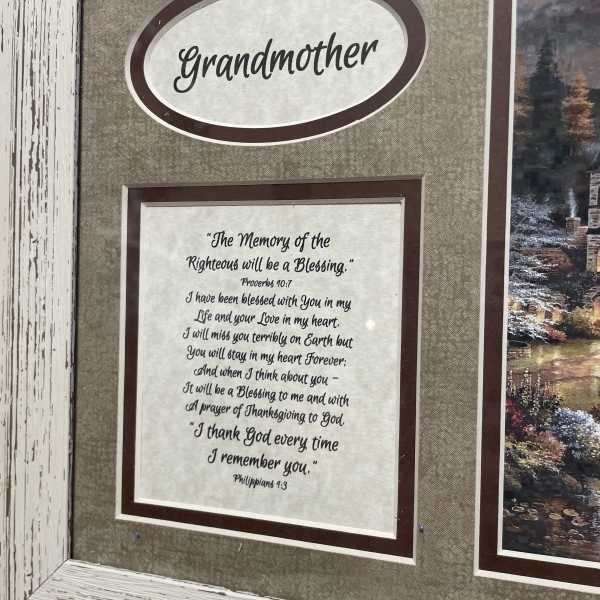 Framed memorial plaque labeled Grandmother with a Bible verse