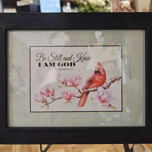 Framed print with a red bird and pink blossoms and a Bible verse