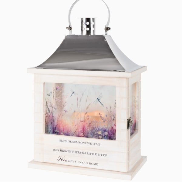 White memorial lantern with a printed floral scene and quote