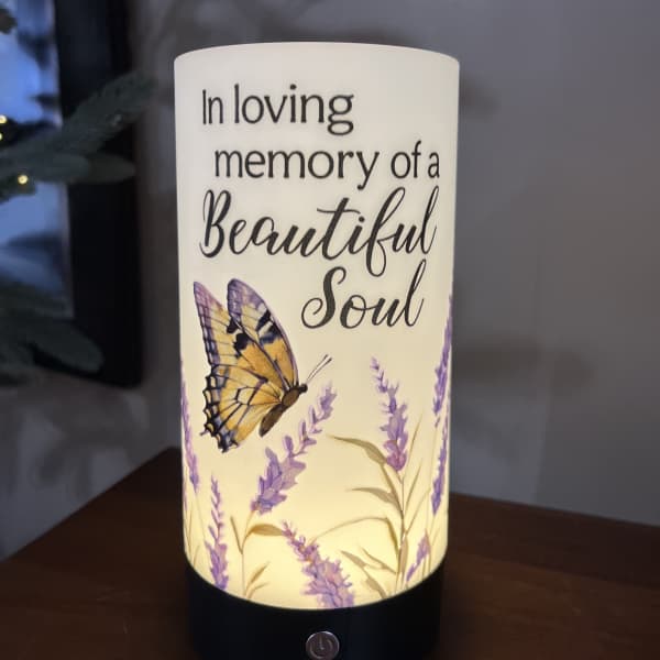 Memorial candle with butterfly and lavender design