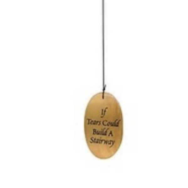 Silver wind chime with a wooden top and hanging oval tag