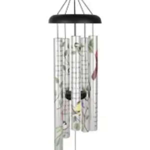 Hanging metal wind chime with tubular silver pieces