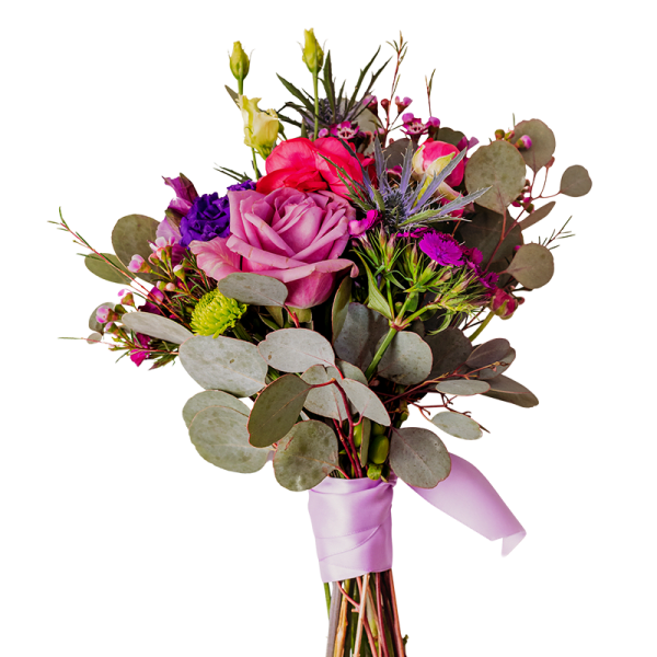 Bouquet of pink and purple flowers with eucalyptus and a lavender ribbon