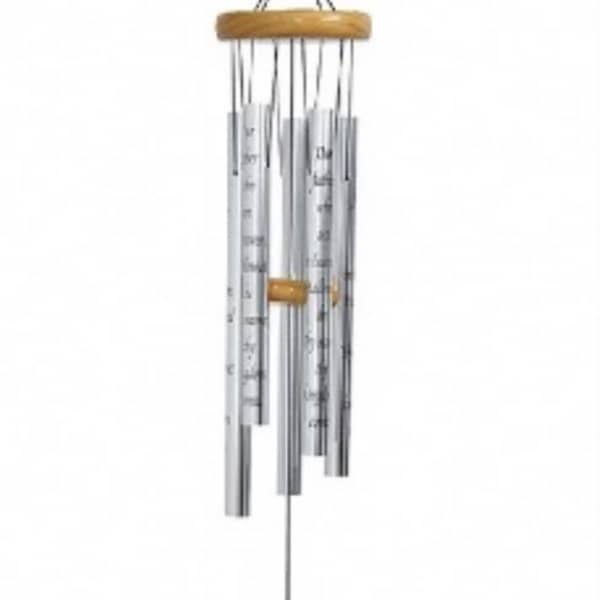 Hanging metal wind chime with a wooden top and prayer plaque
