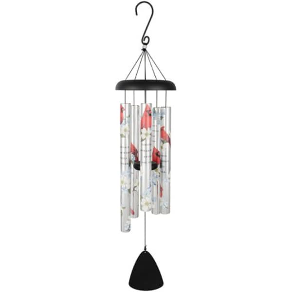 Hanging wind chime with floral-printed metal tubes and a black top and clapper