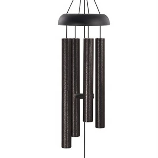 Black metal wind chime with hanging tubes and a clapper