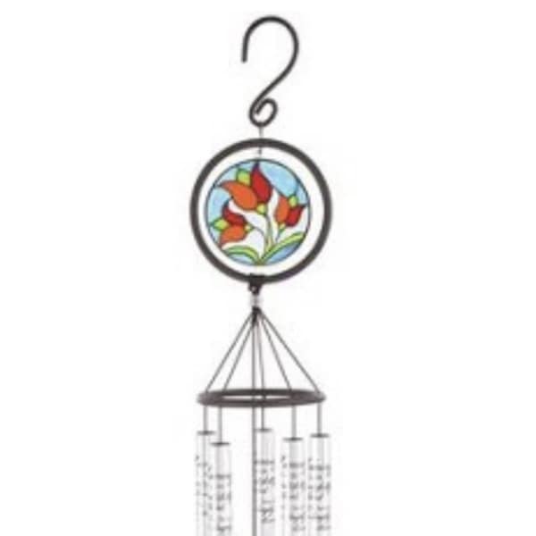 Decorative hanging wind chime with stained-glass floral accents