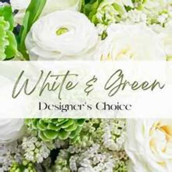 White flowers and green succulents with a "White & Green" label