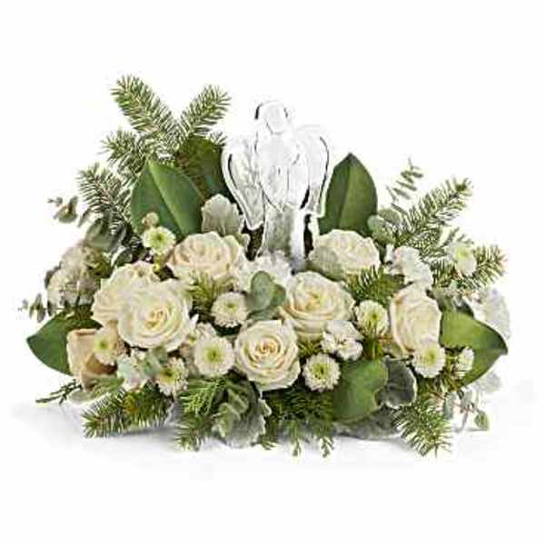 White rose arrangement with an angel figurine