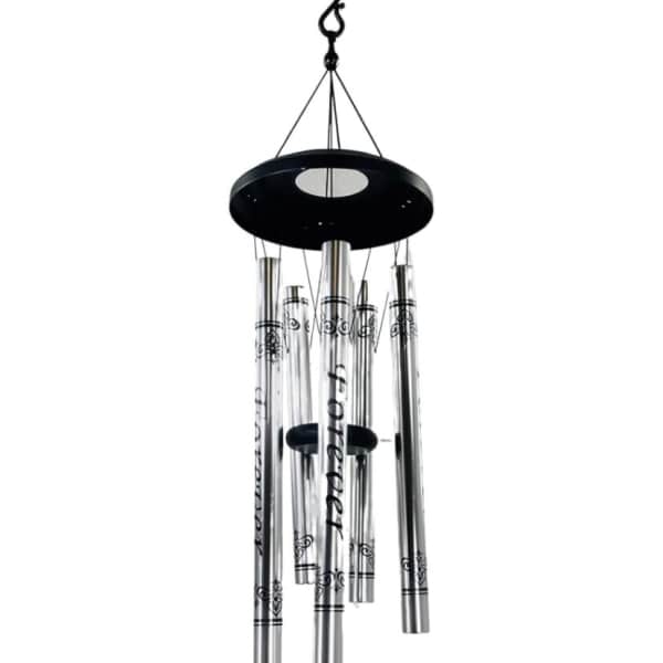 Black memorial wind chime with silver tubes and a hanging plaque