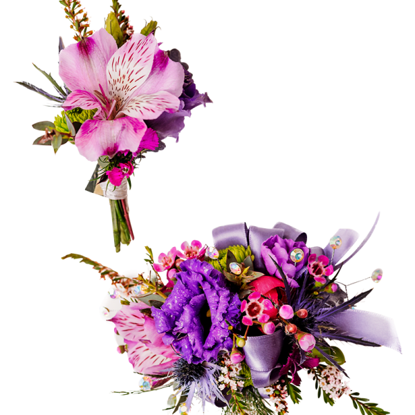 Night Sky Wrist Corsage with coordinating Boutonniere