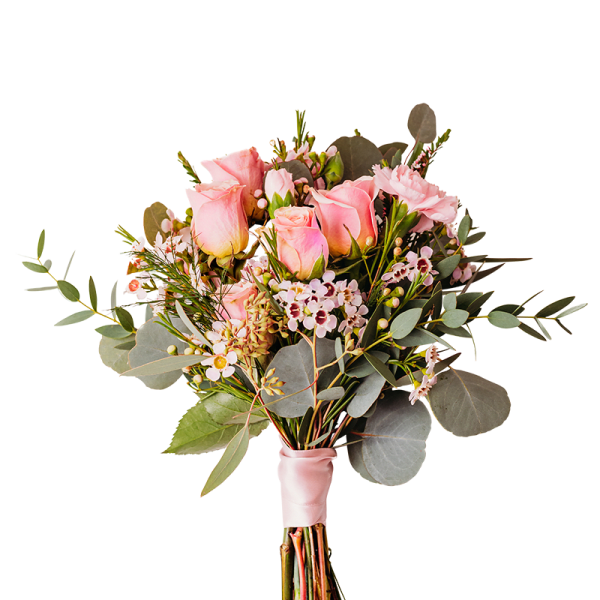 Pink rose bouquet with small filler flowers and eucalyptus, tied with ribbon