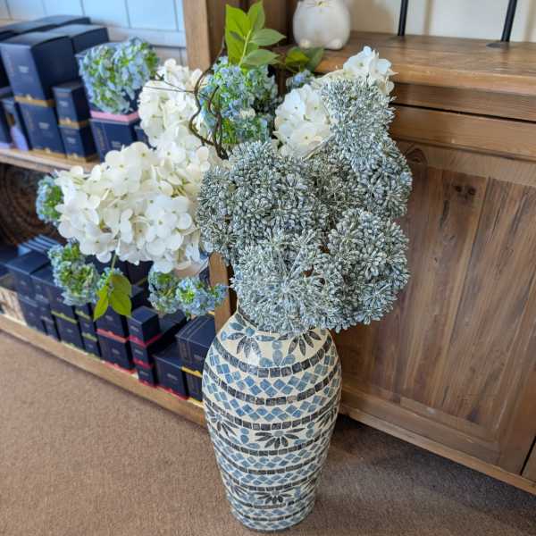 Serene Blue & White Mosaic Bloom Permanent Arrangement
