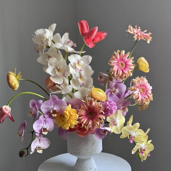 Mixed orchids and gerbera daisies in a white pedestal vase