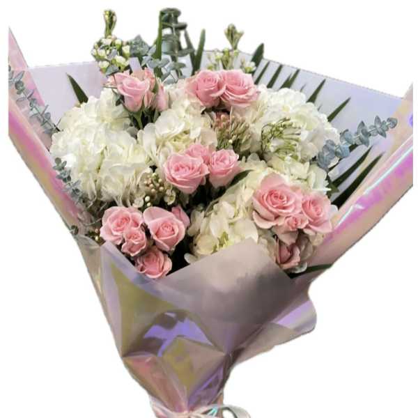 Pink roses and white hydrangeas wrapped in iridescent paper