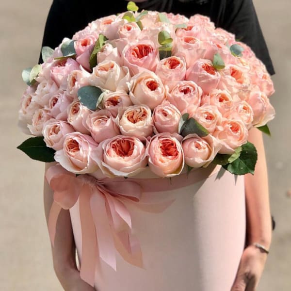 Large bouquet of pale pink roses with a pink ribbon wrap