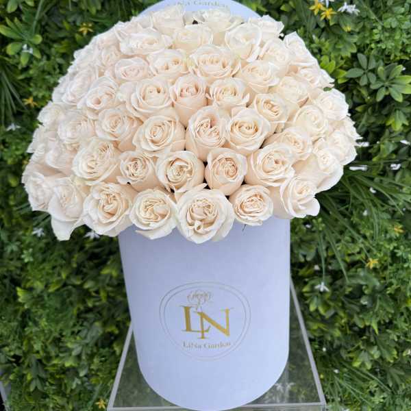 Large bouquet of pale cream roses in a white hat box