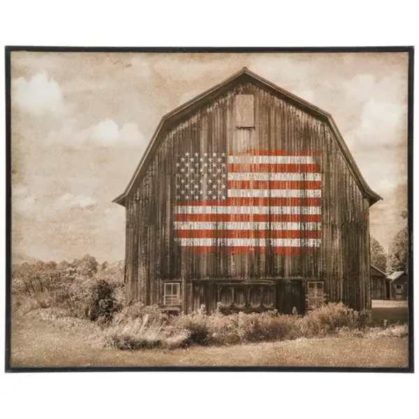 Framed barn wall art with an American flag painted on it