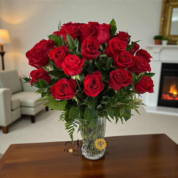 Large bouquet of long-stem red roses in a clear glass vase on a table.
