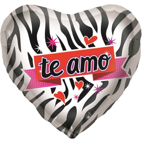 Heart-shaped zebra-print balloon with "te amo" text