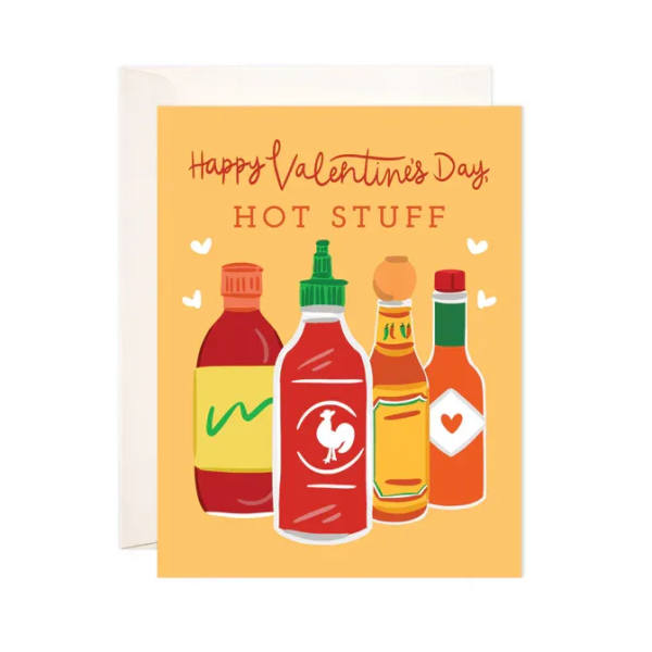 Valentine's Day card with illustrated hot sauce bottles