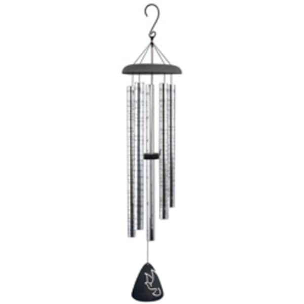 Black metal wind chime with silver tubes and a hanging clapper