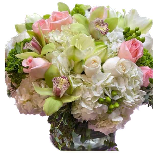 Bouquet of pink and white roses with green orchids and hydrangeas