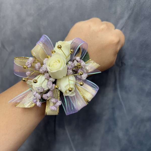 Lavender Gold White spray roses round corsage