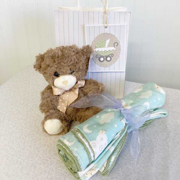 Teddy bear with a baby blanket and gift bag