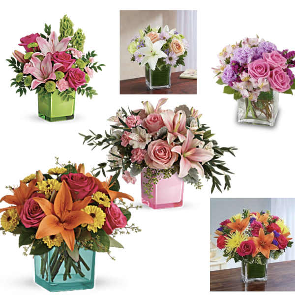 Collage of colorful flower arrangements in square glass vases