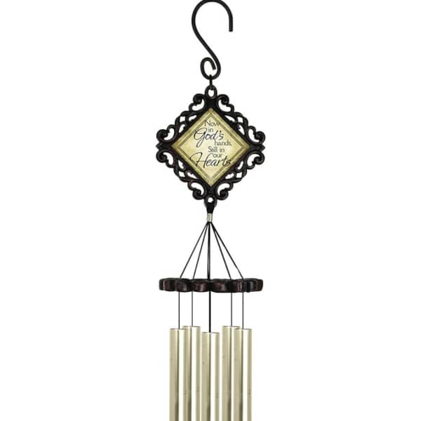 Decorative wind chime with a framed memorial message and metal tubes