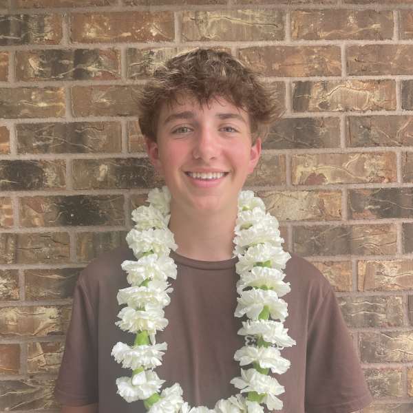 Person wearing a white flower lei over a brown shirt