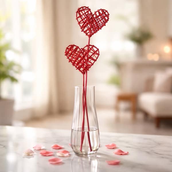 Clear glass vase with two red woven heart picks and scattered pink petals