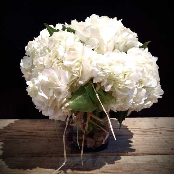 White hydrangea bouquet tied with ribbon in a glass vase