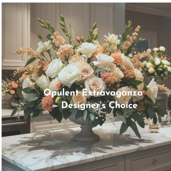 Large peach and white rose arrangement in a gray pedestal vase