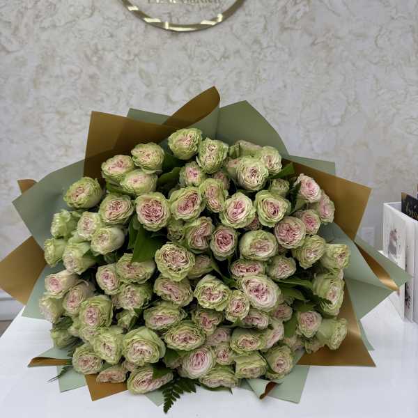 Large bouquet of pale pink and green roses wrapped in pastel paper