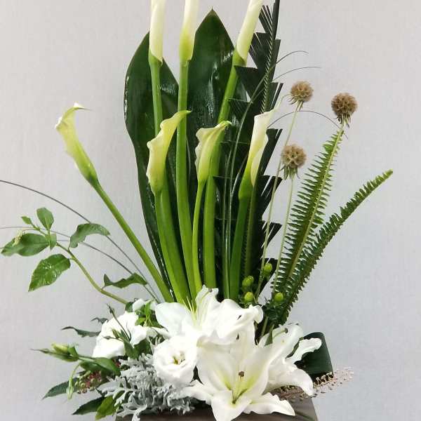 Tall white calla lily and lily arrangement in a dark container