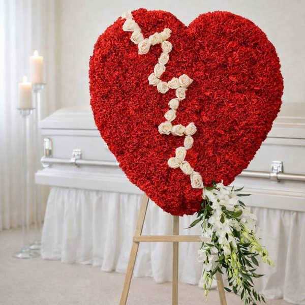 Heart-shaped red floral tribute on an easel with white roses and trailing white flowers