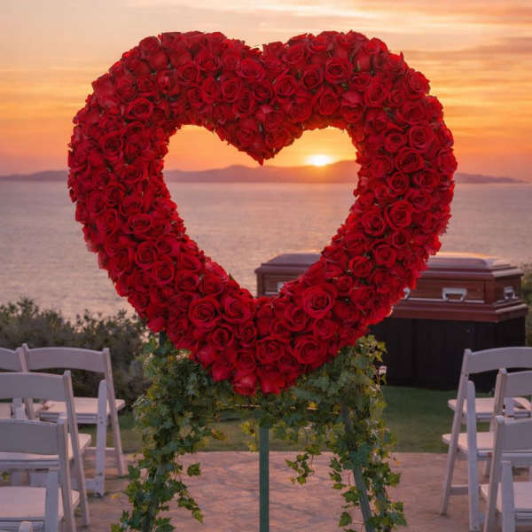 Heart-shaped red rose floral display at an outdoor ceremony