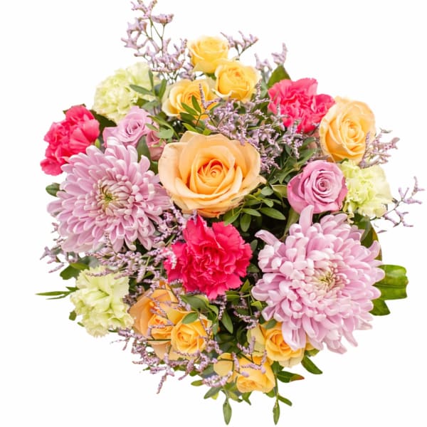 Bouquet of yellow roses, pink chrysanthemums, and carnations