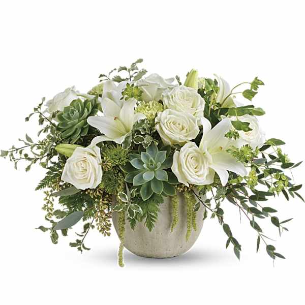 White roses and lilies arranged with succulents in a round vase