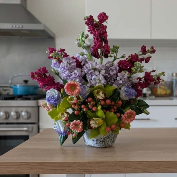 Colorful floral arrangement in a small textured pot