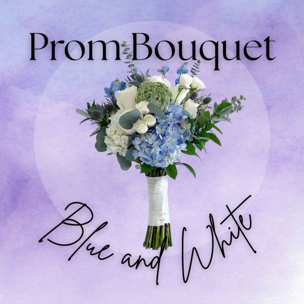 Blue and white prom bouquet with hydrangeas and roses