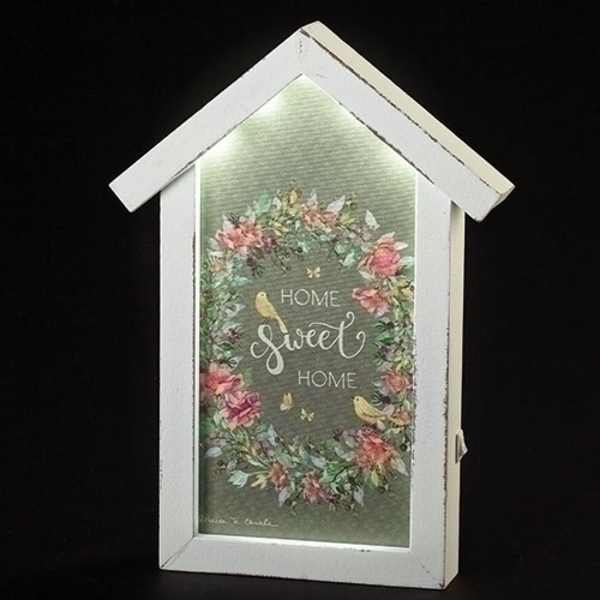 Framed house-shaped sign with floral wreath and "Home Sweet Home" text