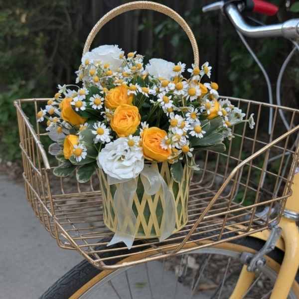 Yellow and white flowers in a basket on a bicycle front rack