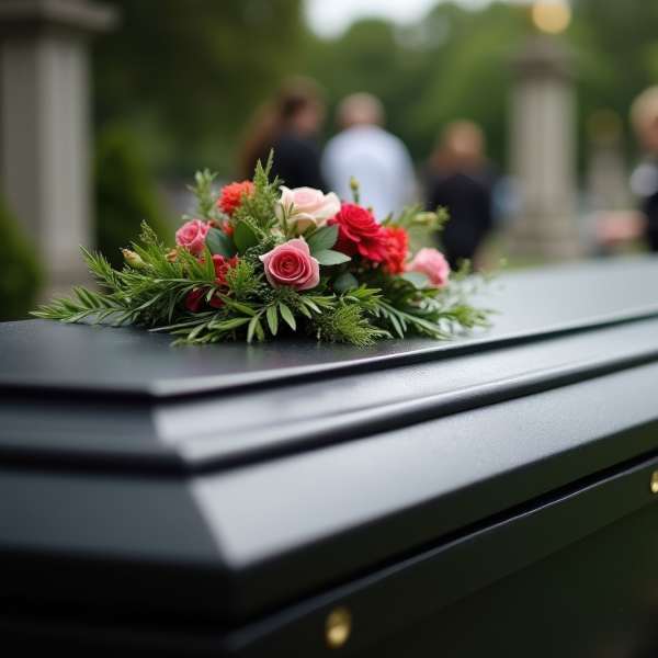 Small spray of pink and red roses on a dark casket at an outdoor funeral.